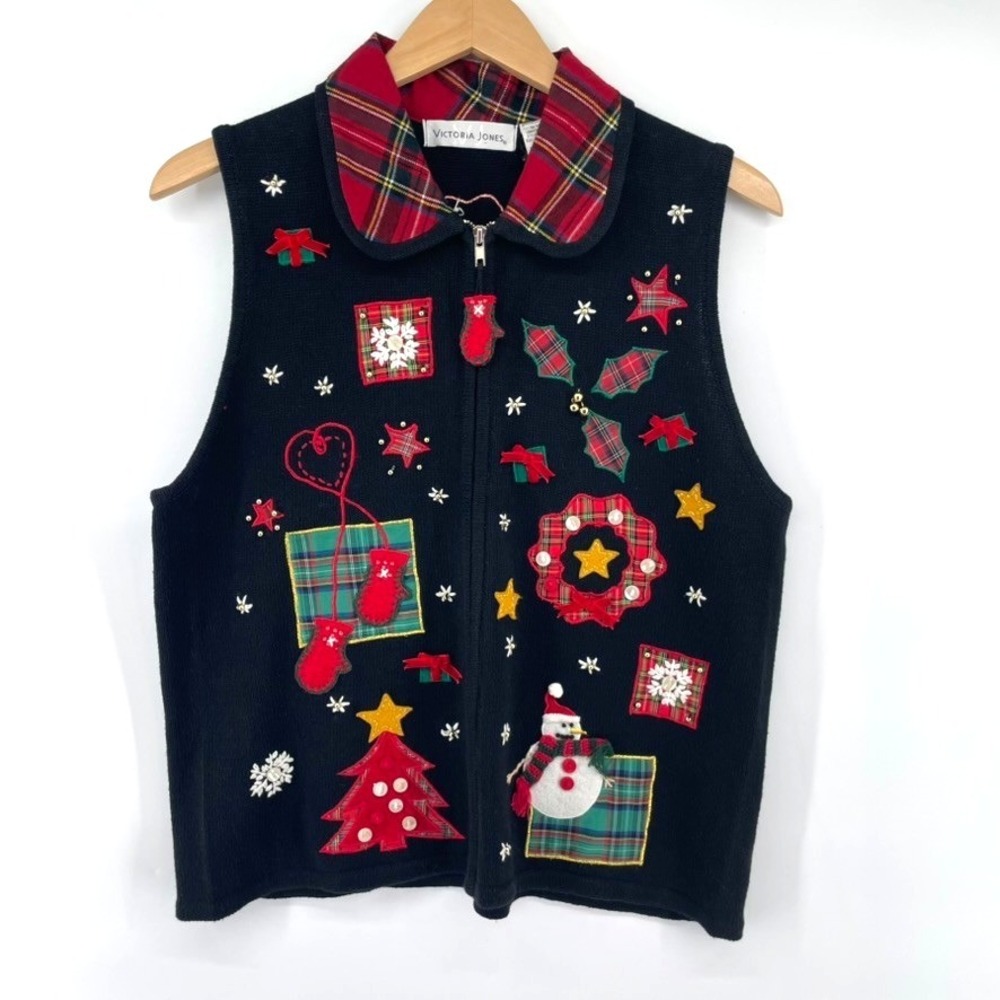 Vintage Victoria Jones Sweater Vest Womens L Christmas Embroidered Beaded Zip